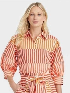 Who What Wear Cotton Button Down - Orange Stripe - Puff Sleeve